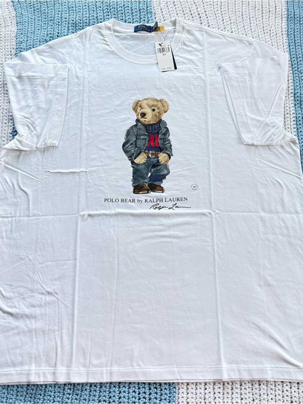 Ralph Lauren White Polo Bear Graphic Tee with Navy & Red Details